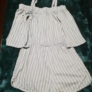 White and blue striped jump suite